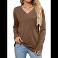 thumbnail image 2 of Camisetas de Mujer con Cuello en V, Larga, Informales, Básicas, Lisas y Suaves Café XXL, 2 of 10