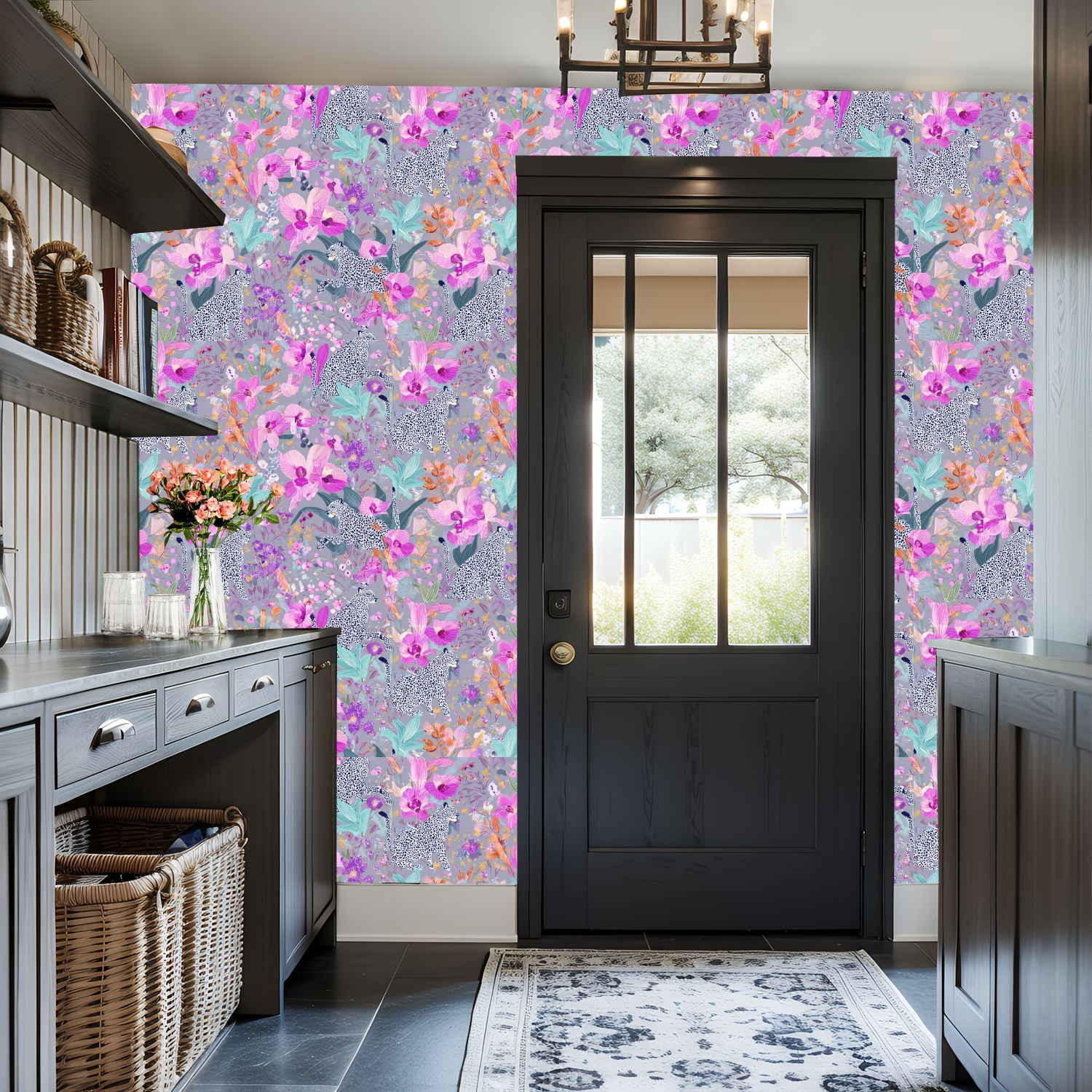 Cheetah Peel and Stick Wallpaper 17.7in x 9.8ft Leopards Among Tropical Orchid Flowers Pink Purple Contact Paper Vinyl Waterproof Self Adhesive Wall Paper for Bedroom Shelf Cabinet Renter Friendly
