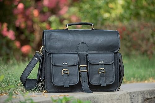18" Genuine Handmade Leather Messenger Bag | Leather Briefcase | Unbreakable Shoulder Strap And Buckles | Laptop Bag for Men & Women (Black)