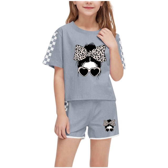 Ensembles de Tenues d'Été pour Enfants, Ensembles de Tenues pour Filles, Ensembles de Pantalons Courts à Manches Courtes Col Rond Imprimé Boutons pour Garçons et Filles