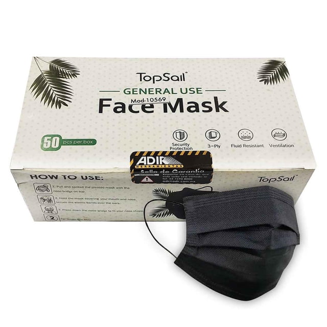 Mascarilla Cubrebocas Tricapa Termosellado Adir Negro 50 Piezas