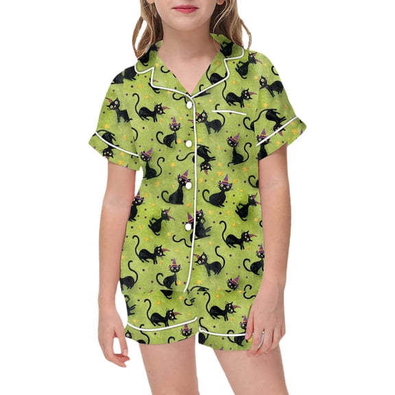 Shadoumai Halloween Two Piece Outfit Toddler Kids Girls Button Up Short Sleeve Top Shorts Loose Cut Ultra Soft Fabric Indoor Night Wear Girl Comfort Holiday Ensemble