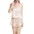 thumbnail image 3 of Elainilye Fashion Womens Pajama Sets Imitation Silk Pajamas Silk V-neck Suspender Shorts Two-piece Solid Color Pajamas Homewear,Beige, 3 of 5