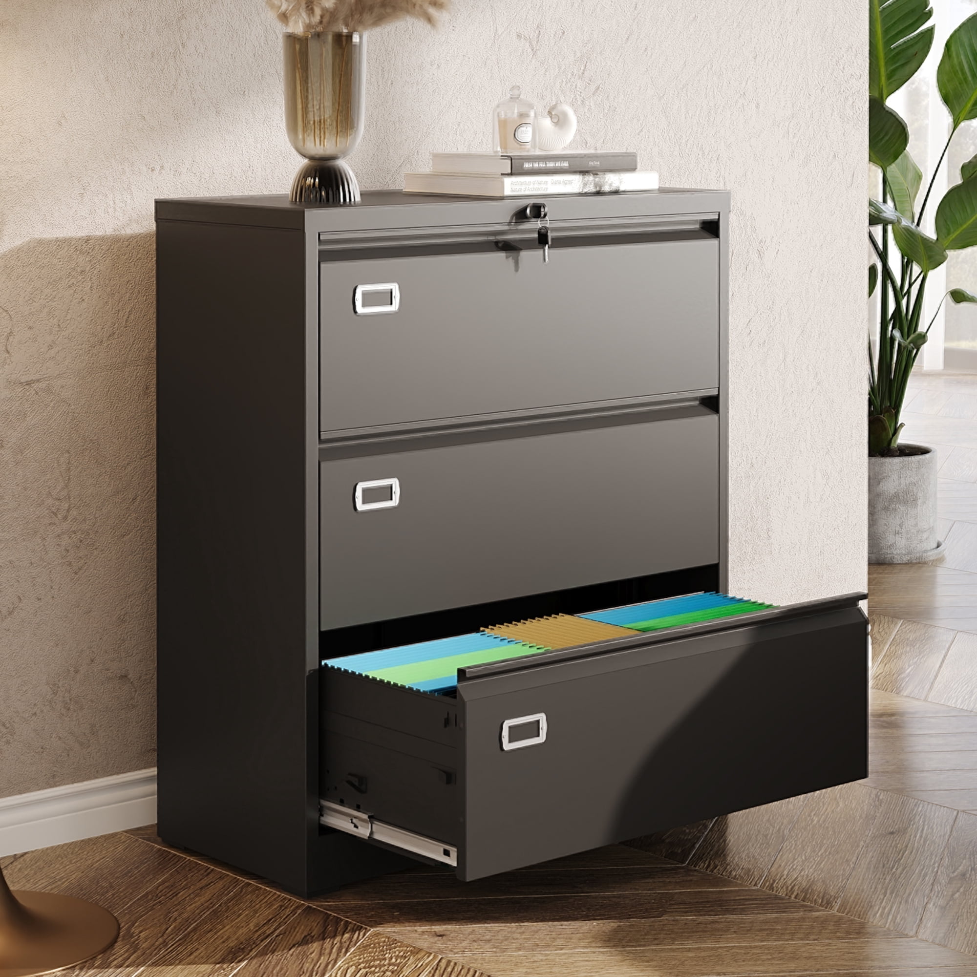 GALAXHERO Lateral File Cabinet with 3 Drawer, Metal Lockable Storage Cabinet for Home Office, Hanging Files Letter/Legal/F4/A4 Size, Black