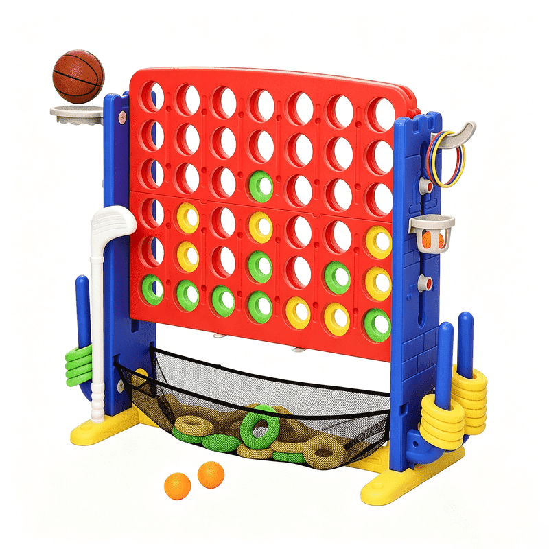 Jumbo 4-to-Score Connect Game with Height Adjustment: Multi-Game Set Including Golf, Basketball Hoop, Ring Toss & Mesh Bag for Family Indoor Outdoor Activities