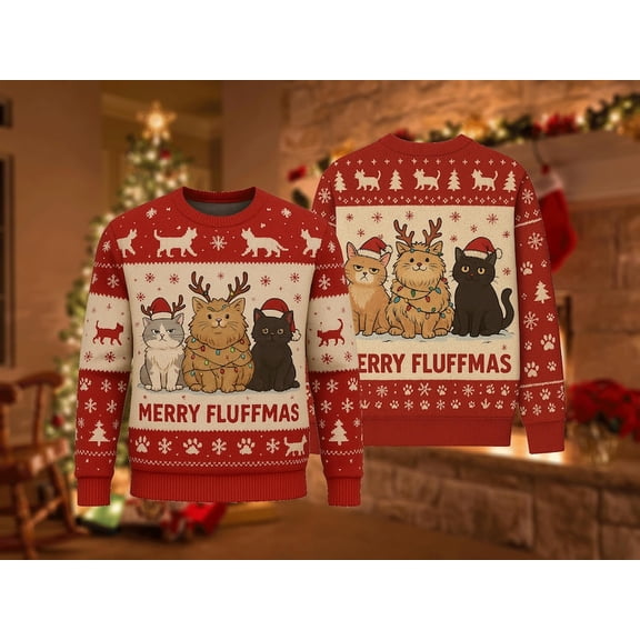 3D Christmas Sweater Cats, Funny Merry Fluffmas Xmas Sweatshirt, Holiday Party Outfit, Cute Cat Lover Winter Gift Pullover