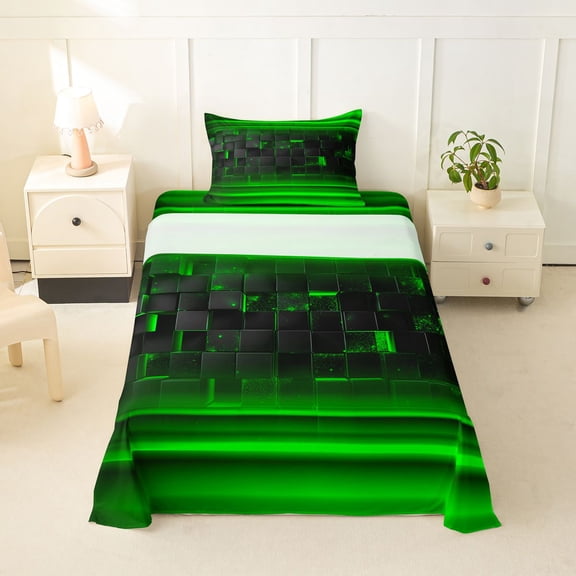 jejeloiu Grid Geometric Design Twin Sheet Sets For Kids,Green Neon Striped Check Bedding For Boy,3 Pieces