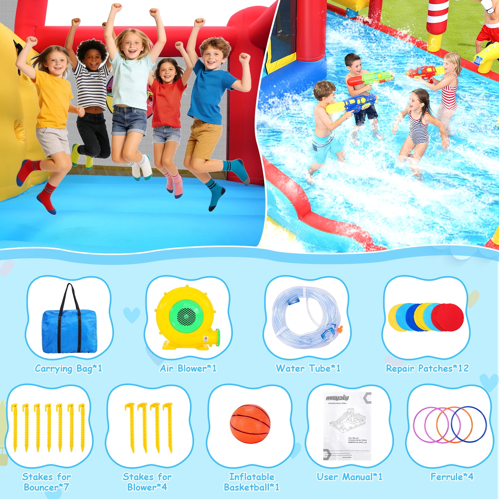 Veeboto Inflatable Water Slide with Dual Slides, Bounce House with Climbing Wall, Dual Ball Pools, Water Guns, Basketball Hoop and Punching Game, Indoor/Outdoor Kids Inflatable Castle with Blower