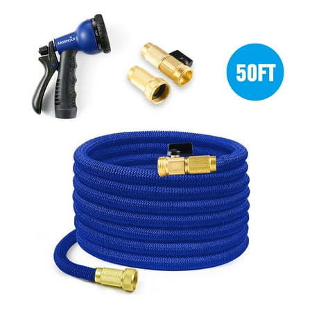 69 Hose Polished Brass - Easehold Expandable Garden Hose Double Layer Latex Strength Textile with Solid Brass Fitting Connector 8 Function Sprayer Nozzle (50FT, Blue)
