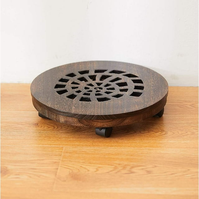 Support de Plante en Bois Robuste avec Roulettes Rotatives Support de Pot de Fleurs Rond avec Roues Verrouillables (10 Pouces)