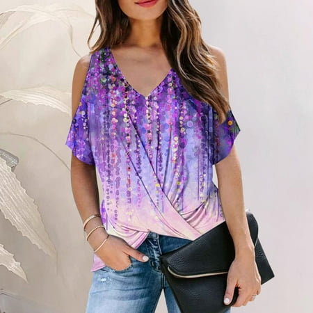 

Summer Shirts for Women V Neck Cold Shoulder T Shirt Front Twist Tunic Tops Casual Loose Fitted Blouses