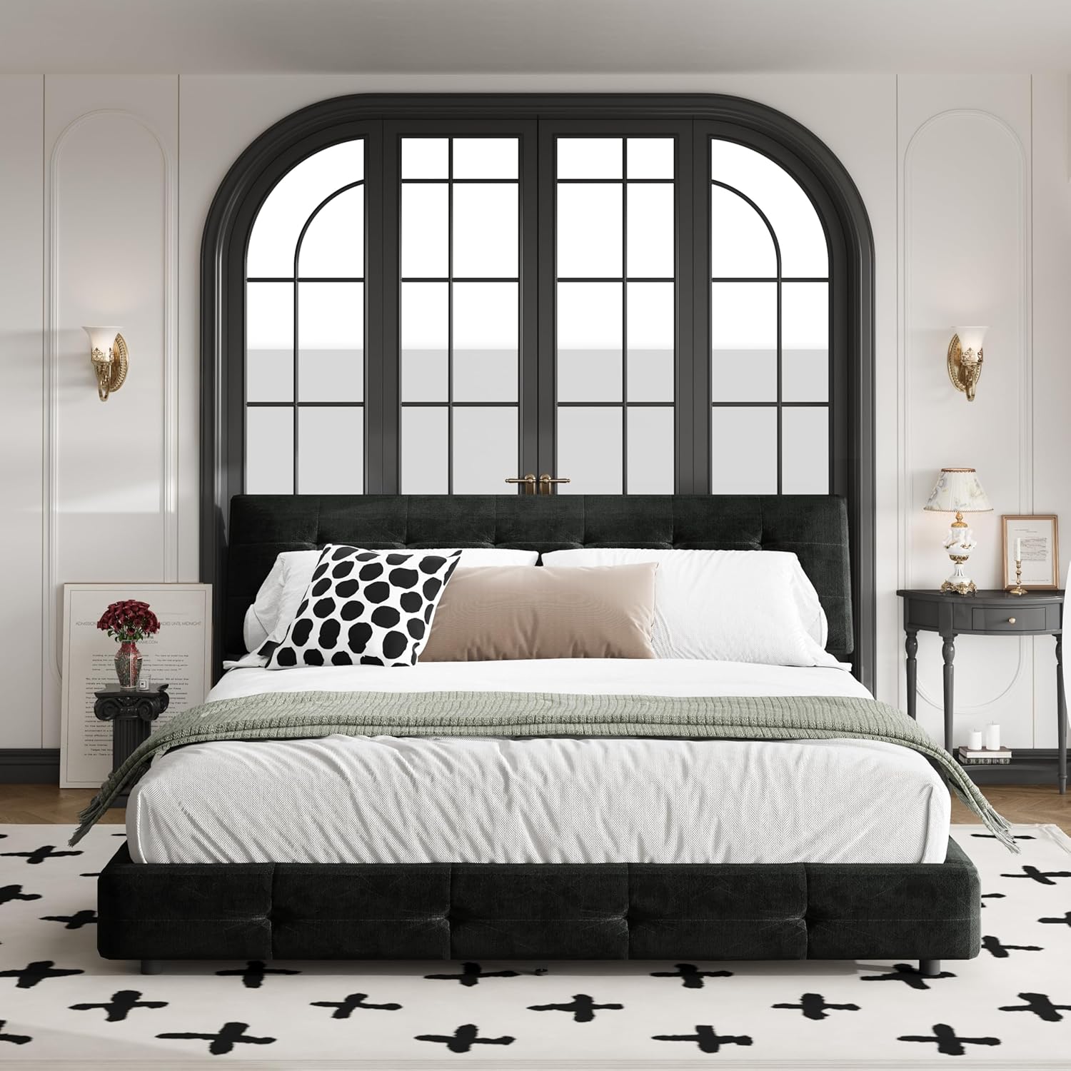 King Size Platform Bed Frame, Upholstered Chenille Tufted Headboard, Heavy Duty Metal, Wood Slat Support, Mattress Foundation, No Box Spring Needed, Noise-Free, Easy Assembly, Bedroom, Black