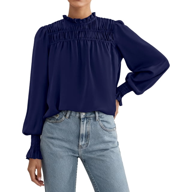 Blusa para Mujer PRETTYGARDEN Azul Marino Satén Manga Larga Talle Grande