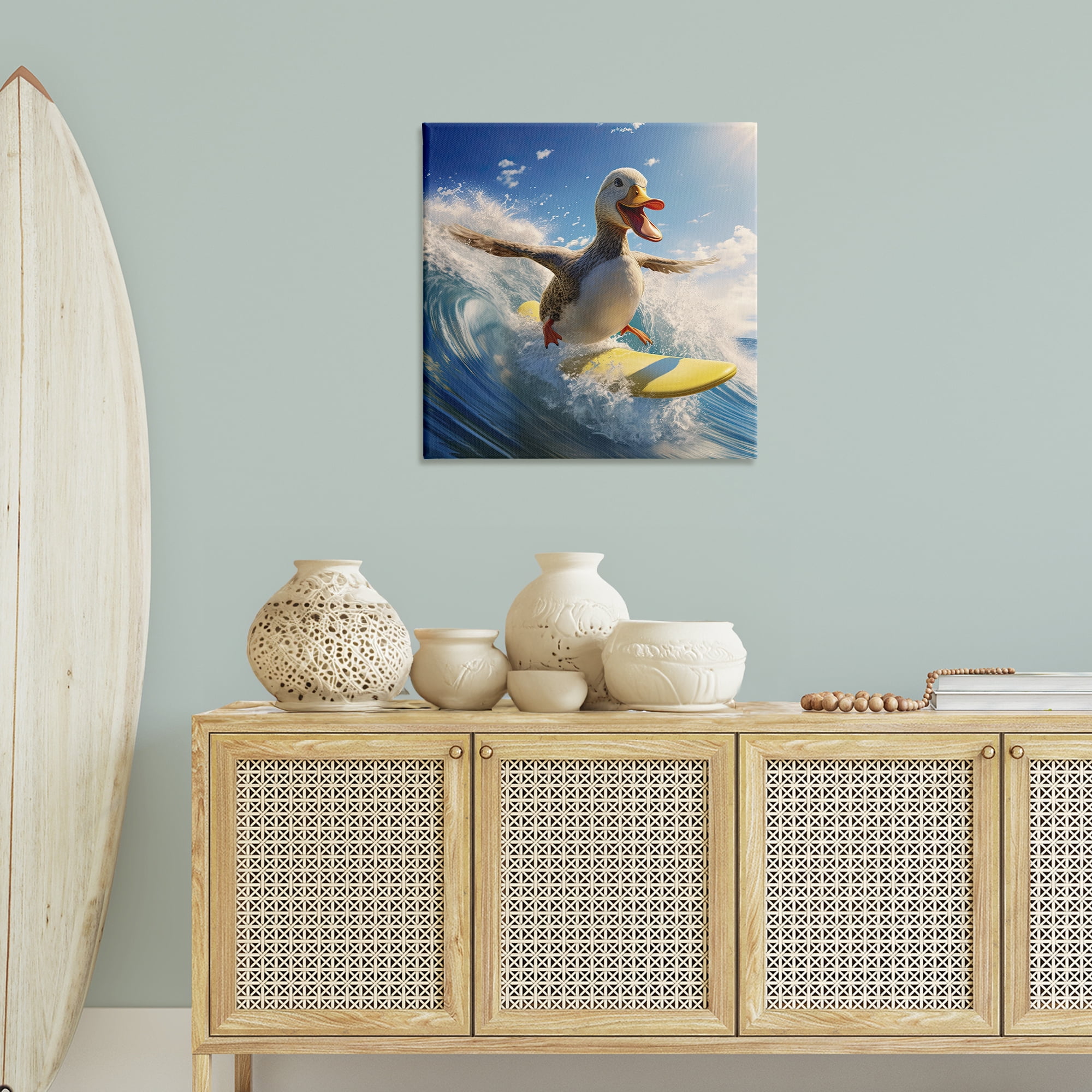 Stupell Industries Happy Surfing Duck Coastal Painting Gallery Wrapped Canvas Art Print Wall Art, 30 x 30