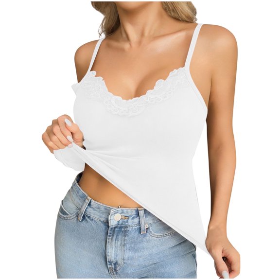 Wensltd Women Summer Breathable Lace Patchwork V Neck Cami Tank Top Soft Sleeveless Basic Layering Inner Wear Casual Daily Comfort Top White
