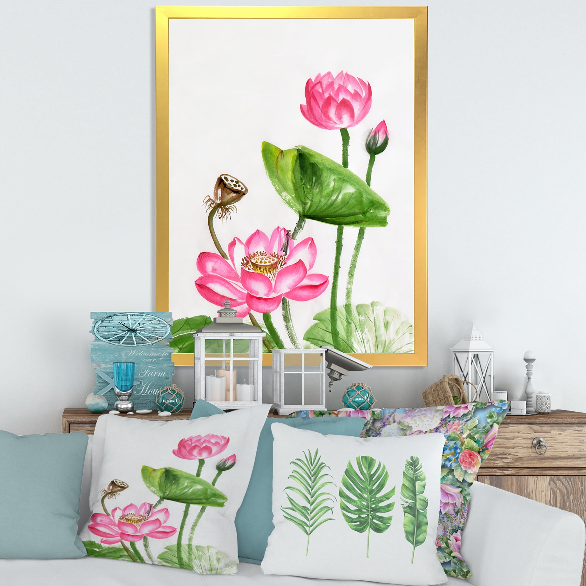 Designart 'Ancient Pink Lotuses In The Pond III' Traditional Framed Art Print