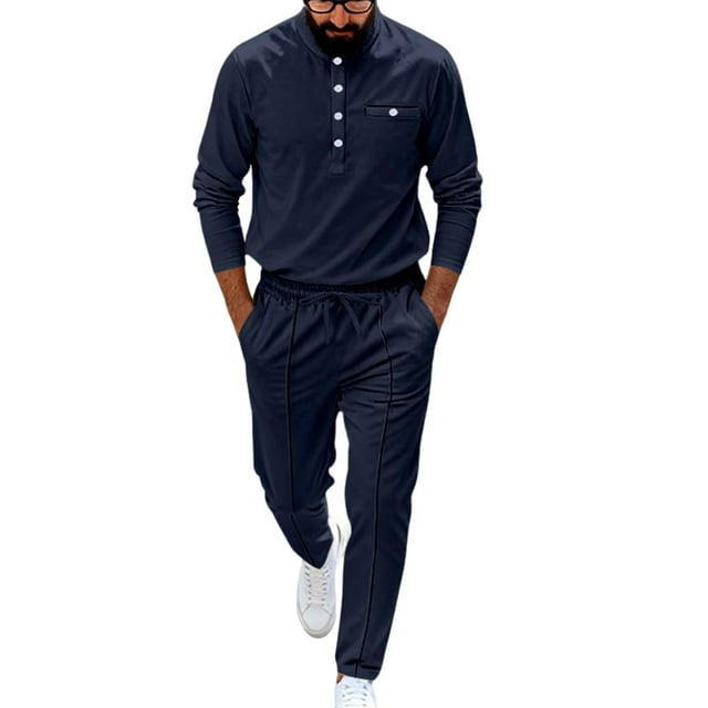 Men's 2 Piece Plaid Jacquard Track Suit - Quarter Button Polo Sweatshirt & Jogger Pants Set,Navy,Large