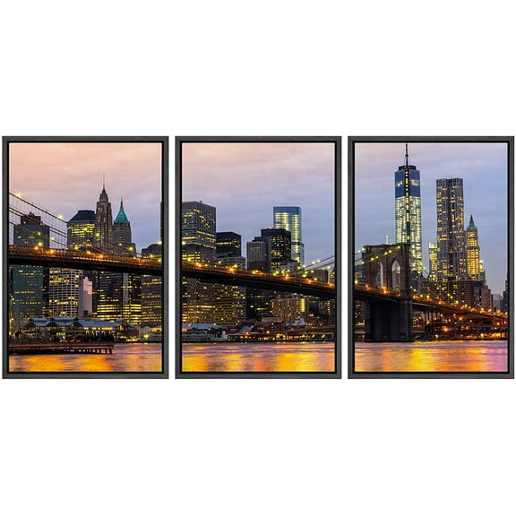 wall26 Framed Canvas Print Wall Art Set Manhattan Skyline at Sunrise in NYC, USA City Cityscape Photography Realism Rustic Scenic Colorful for Living Room, Bedroom, Office - 16"x24"x3 Black