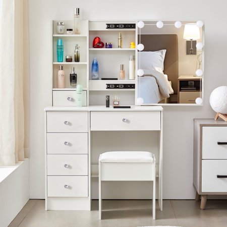 Yamissi Modern Makeup Vanity w/ Lights Vanity Desk Set with Sliding Mirror & Stool 6 Drawers Dressing Table for Girls White