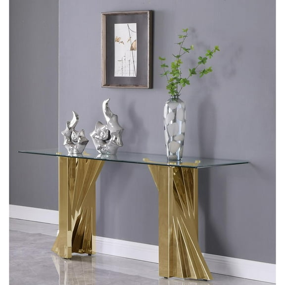 Geometric Clear Glass Console Table with Gold Stainless Steel