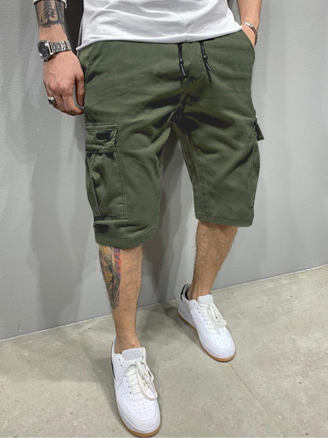 Army Green Men Flap Pockets Drawstring 