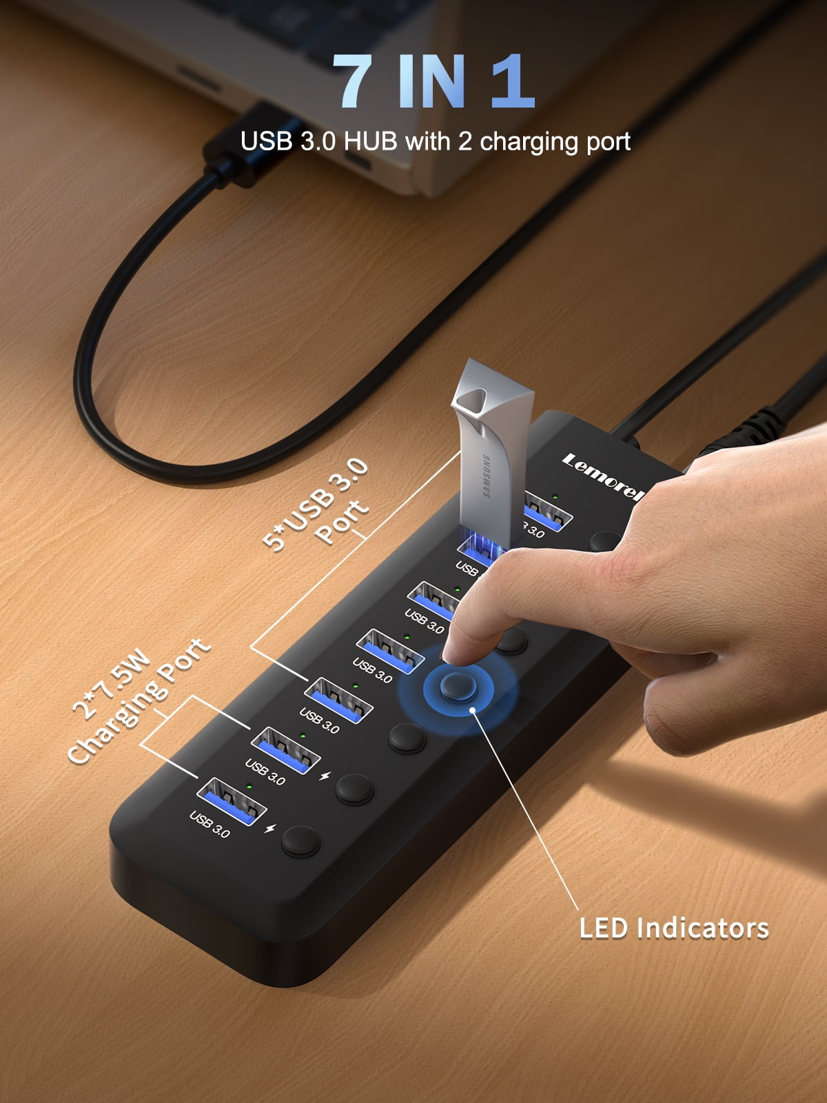 USB C Hub, 7 USB A 3.0 5Gbps Transmission + Charging, Independent Switch Control, Widely Compatible with Computers/Mobile Phones/Tablets