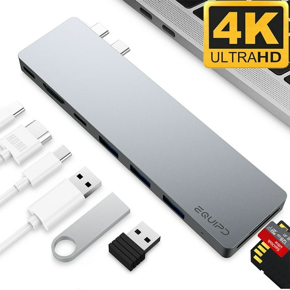 USB C Hub, EQUIPD Aluminum 8 in 1 USB Type C to 4K HDMI Multiport Adapter, Thunderbolt 3, 3 USB 3.0 Ports, SD/Micro SD Card Reader USB C Hub for MacBook Pro/Air/M1 (Grey)
