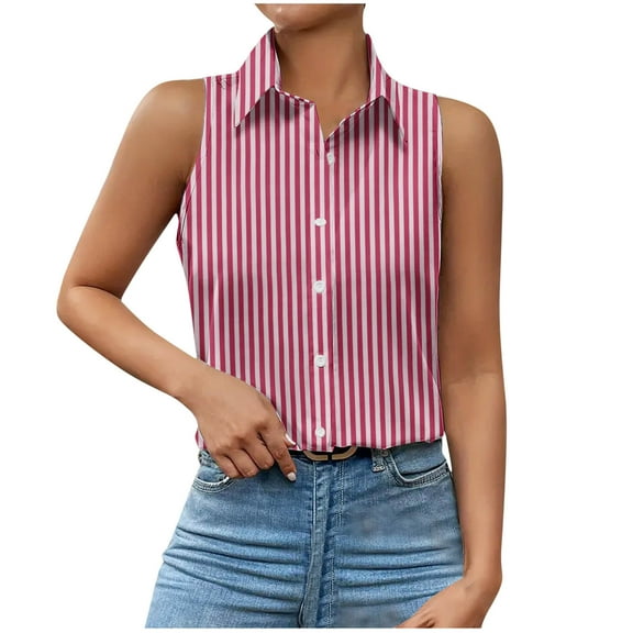 KIHOUT New Summer Fashion Women's Casual T-shirt Stripe Printed V-neck Sleeveless Top Waistcoat Turdown Collar Tank Top Button Blouse Ladies T-shirt Coat