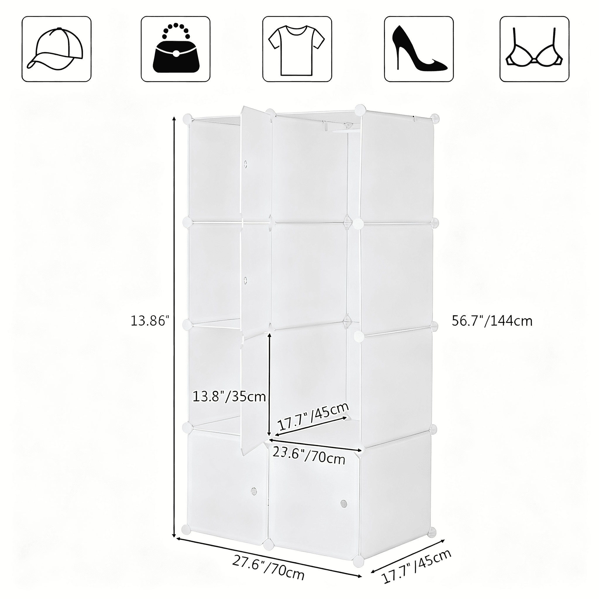 8 Cube White Stackable Storage Organizer, ABS PP Plastic Rust-proof Metal Frame Modular Closet Cabinet with Hanging Rod, Multifunctional DIY Cube Shelves for Home Office Kids Room