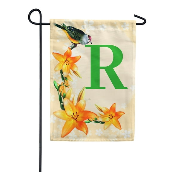 America Forever Spring Monogram Garden Flag Letter R 12.5 x 18 inches Double Sided Vertical Outdoor, Yard, Lawn, Beautiful Floral Design, Lily, Small Summer Bird Garden Flag