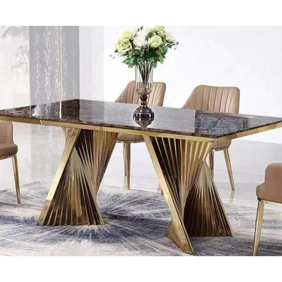 ESSENCIA Ensemble de Table à Manger de Luxe de 79 Pouces pour 8 à 10 Personnes, Dessus en Pierre Frittée, avec Base en Acier Inoxydable Doré, Matériau Robuste, Design Élégant, Florence