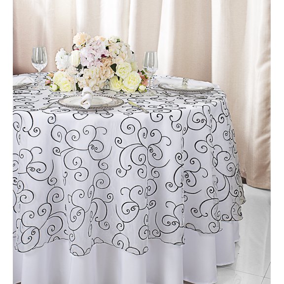 Wedding Linens Inc. 90" Round Embroidered Organza Table Overlay Toppers Tablecloth - White / Black