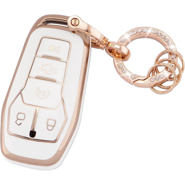 HAHDAXIA for Ford Keychain Bling Gold White Key Fob Cover Soft TPU Full Protection Smart Key Fob Case Fit for Ford F150 Explorer Mustang Edge Lincoln 5 Buttons Remote Smart Key Protector (R-F