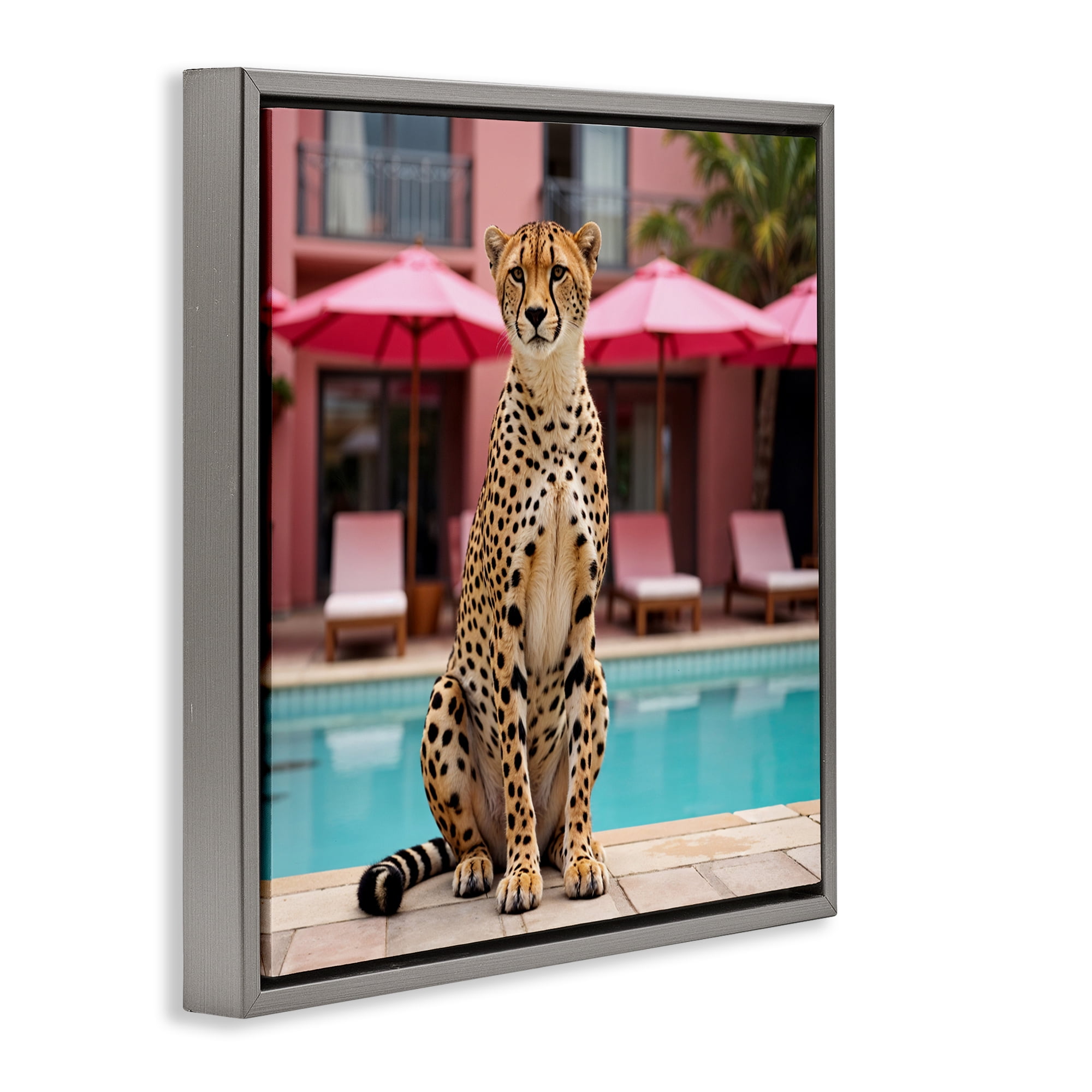 Cheetah Posed at Poolside Gray Framed Floater Canvas Wall Art, design by Lettered and Lined
