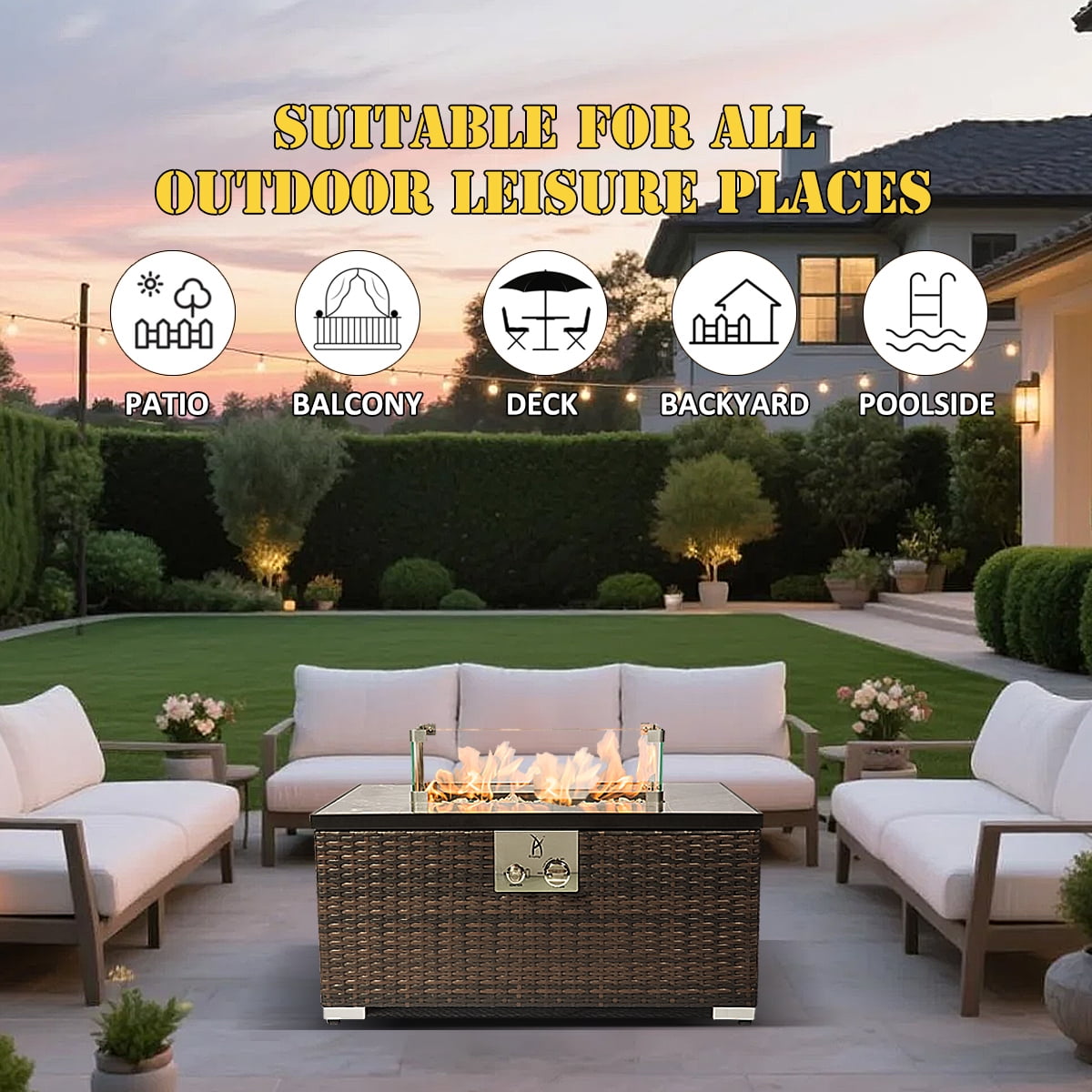 AJ Enjoy 32'' Propane Fire Pit Table, Marble Textured Ceramic Tabletop, 50,000 BTU Fire Table with Brown Wicker, Mix Color Glass Rocks, Including Lid&Cover