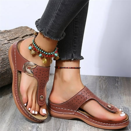 

Women PU Leather Wedges Slippers Rhinestone Flip Flops Non-Slip Comfortable Summer Beach Walking Shoes Sandals 38 Brown