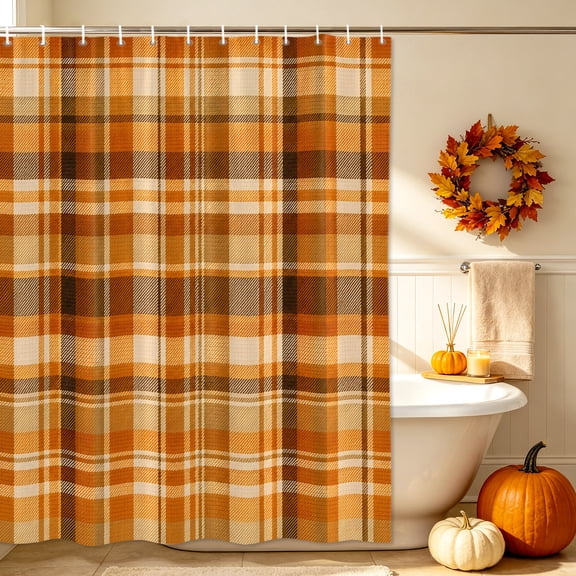 Plaid Stripes Shower Curtain for Bathroom Decor, Rustic Minimalist Orange Cream Gingham Grid Lines Waterproof Fabric Shower Curtain, 36"x78" Set with 12 Hooks