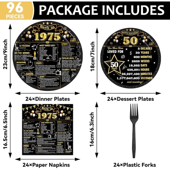SHILIU-96Pcs 50th Birthday Plates and Napkins Back in 1975 Party Decorations Black Gold 50 Year Old Party Dessert Plates 1975 Tableware for 24 Guests 50th Theme Men Woman Birthday Supplies