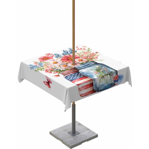 Outdoor Tablecloth with Umbrella Hole for Patio/Picnic/Party/Camping, 4th of July Waterproof Table Cloth Square Cover Washable, Independence Day Spring Floral Butterfly 54"x 54"