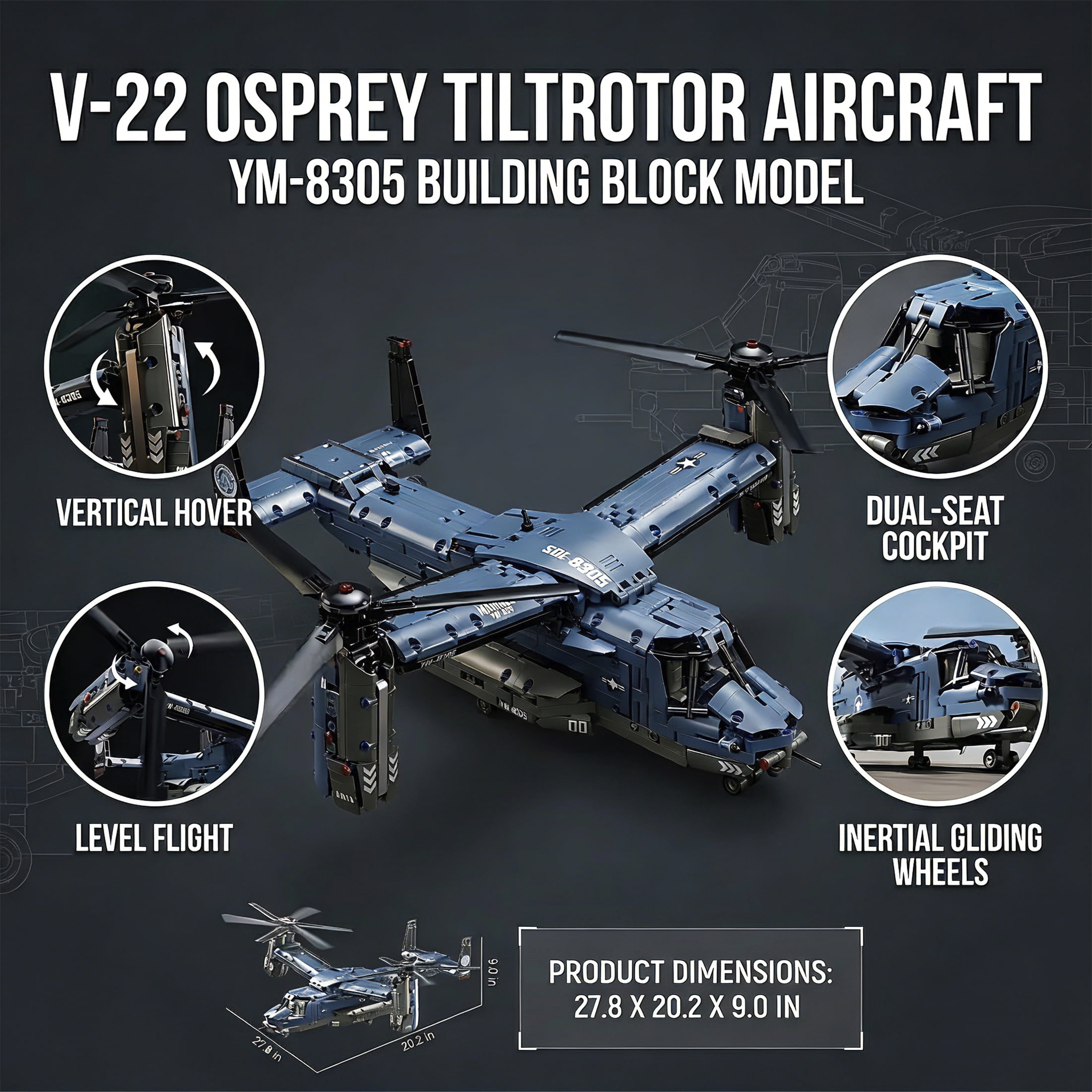 1486-Piece V-22 Osprey Military Helicopter Building Blocks Set, Collectible Aviation Model Kit for Adults & Teens