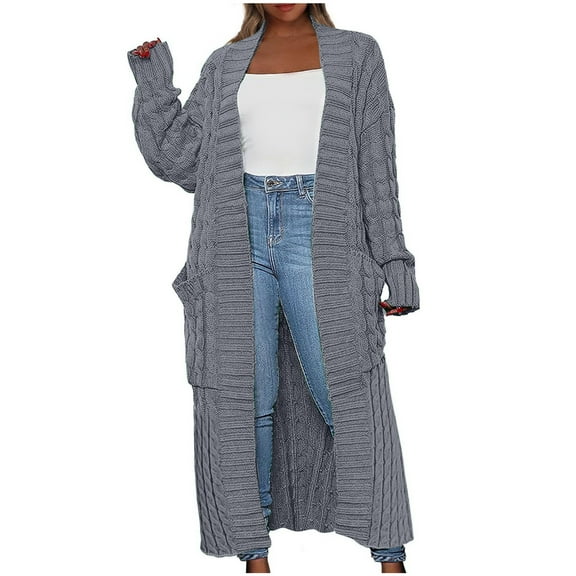 Sakmal Thickened Womens Cardigan Sweaters Duster Open Front Fashion Warm Cardigan Gray Long Sweater Coat with Pockets