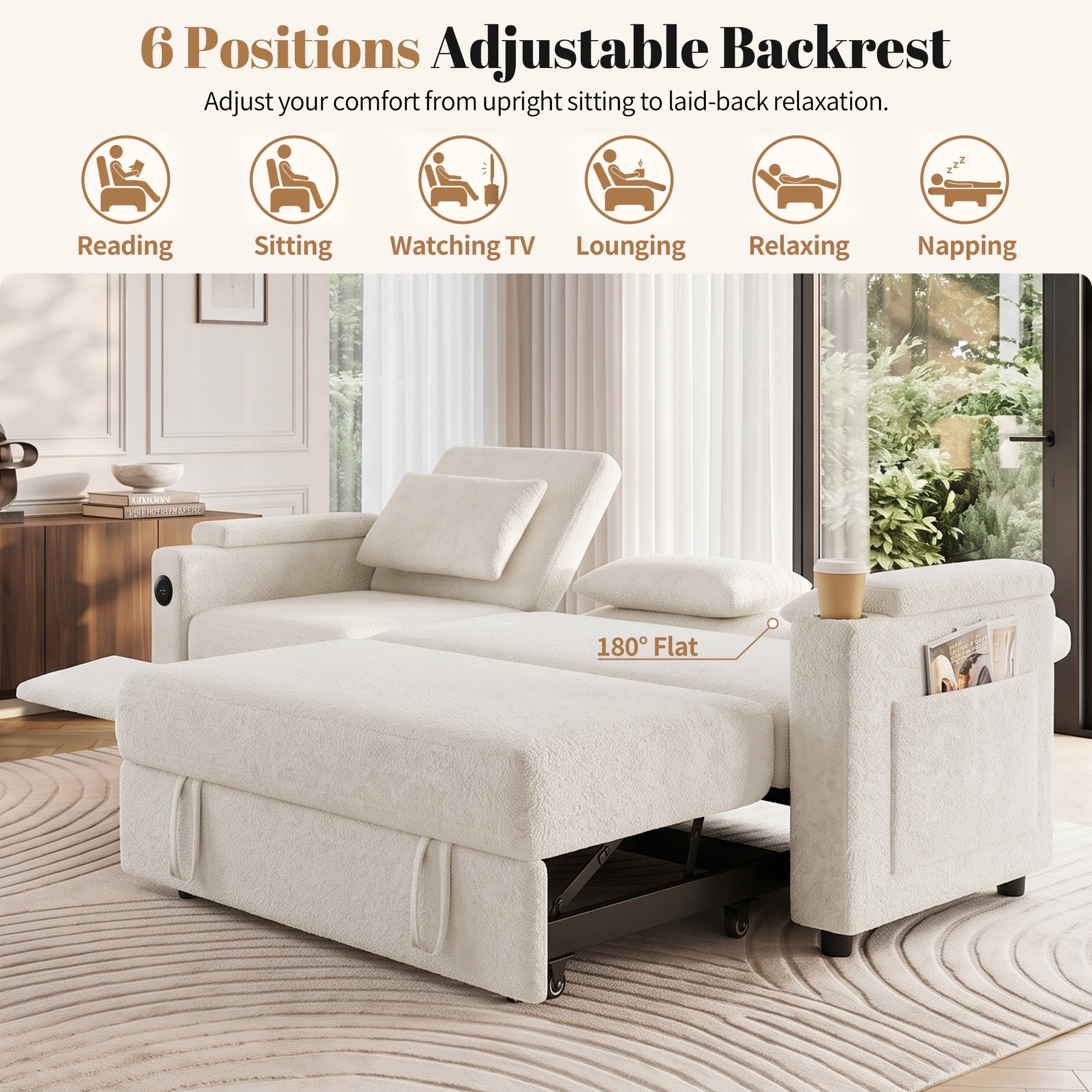 Aenkyo 81" 3-in-1 Convertible Sleeper Sofa with Pull Out Bed and Recliner, Adjustable Backrest, White
