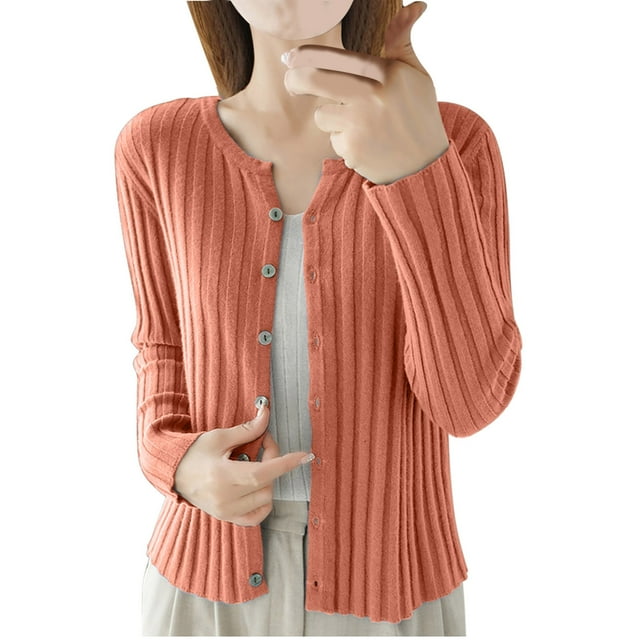 UAMVSH Cardigans pour Femmes Mode Côtelés Tricotés Légers Boutonnés Manches Longues Hauts Vestes (Petit, Rose 1)