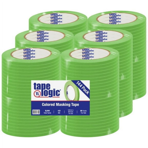 Tape Logic® Color Masking Tape, 3" Core, 0.25" x 180', Light Green, Case Of 144