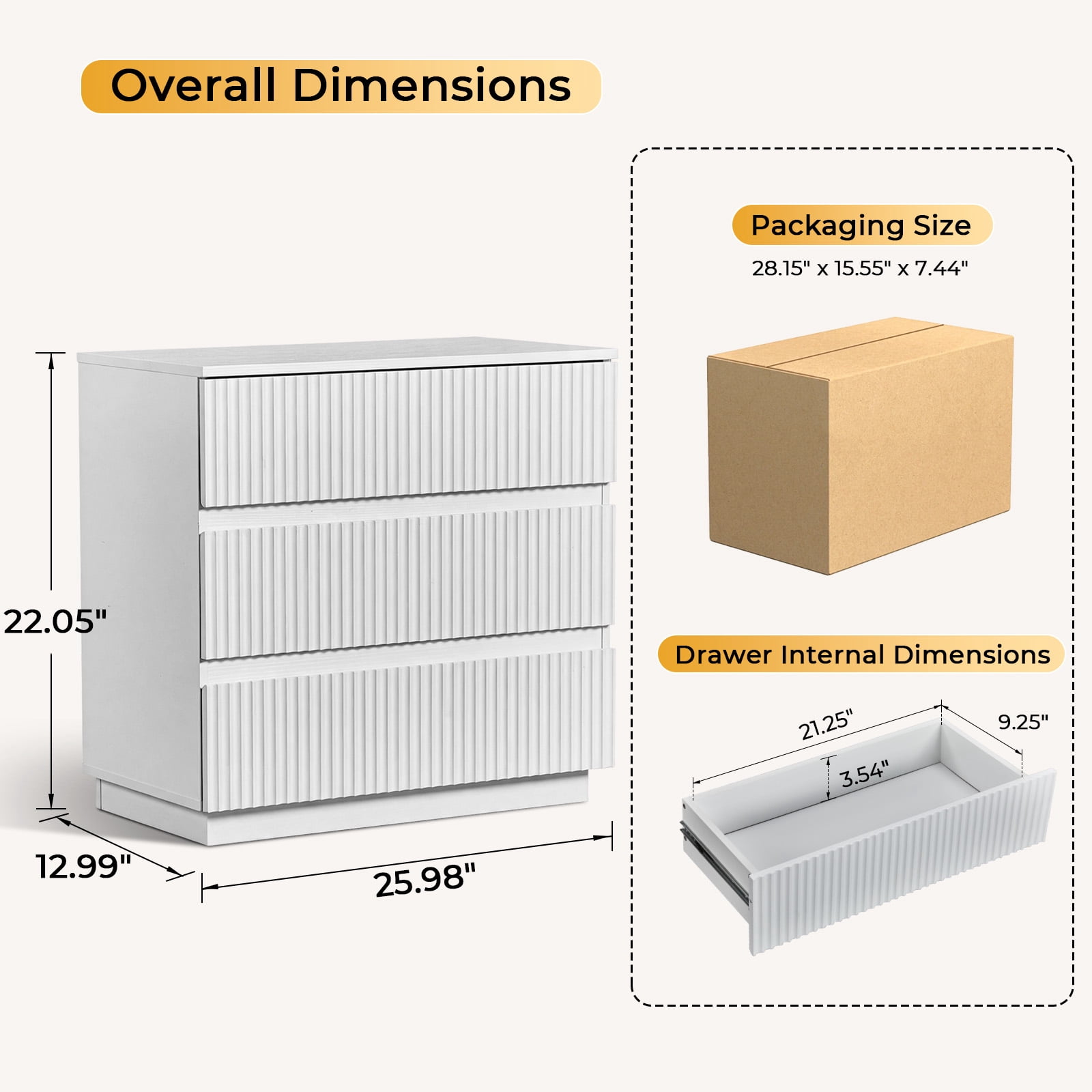 White 3-Drawer Nightstand, Handleless Grille Design, 23.62 x 12.99 x 22.05 in