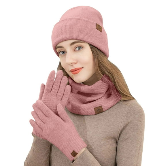 UJNDER Winter Adult Women's Hat Gloves and Scarf Set Three Piece Knit Brushed Outdoor Warm Accessories Pink
