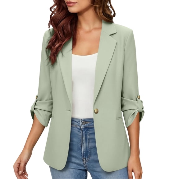 Setooff Women's Open Front Lapel Single Button 3/4 Length Sleeve Rolled Cuff Work Office Blazer Jacket, Trendy Business Casual Womens Tops, Versatile Tshirts Shirts for Women