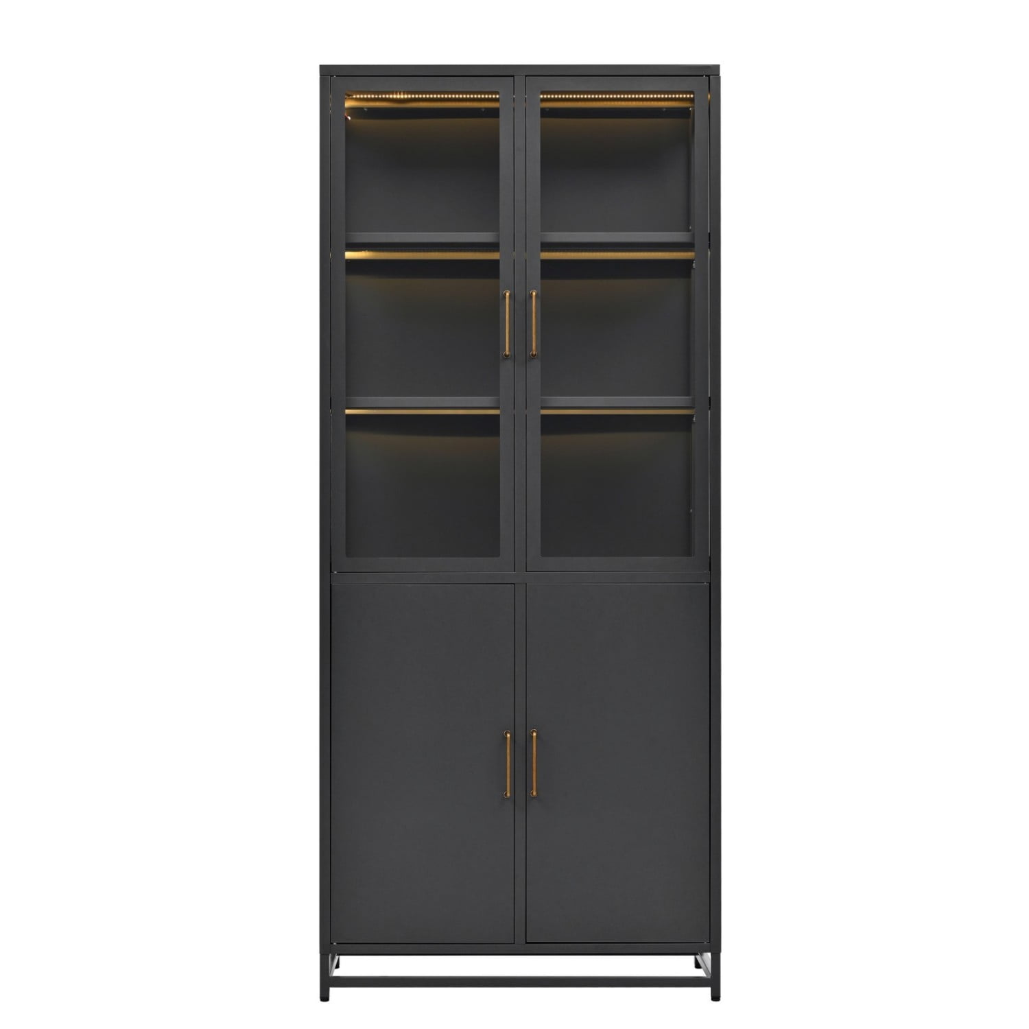 76.75" Tall Glass Display Cabinet with LED Lights, Steel Curio Cabinet with 3-Sided Glass, Double Door Storage Cabinet for Kitchen Living Room Office Pantry Home Decor, Black