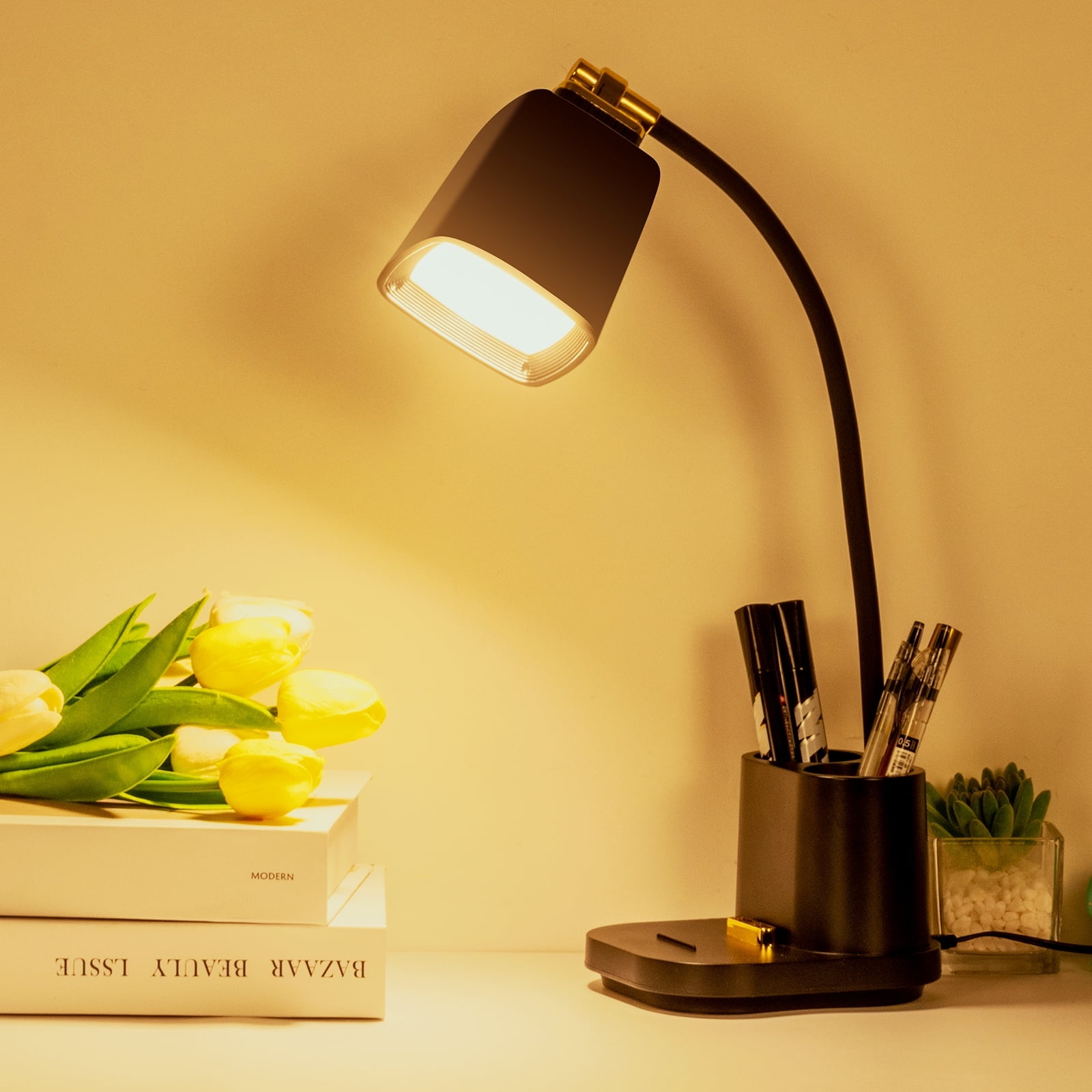 LED Desk Lamp with USB Charging Port Touch Control 3 Color Modes, Stepless Dimming, Home Office Desk Lamp, LED Small Desk Lamp in University Dormitory, Study Desk Lamp, Gooseneck Lamp
