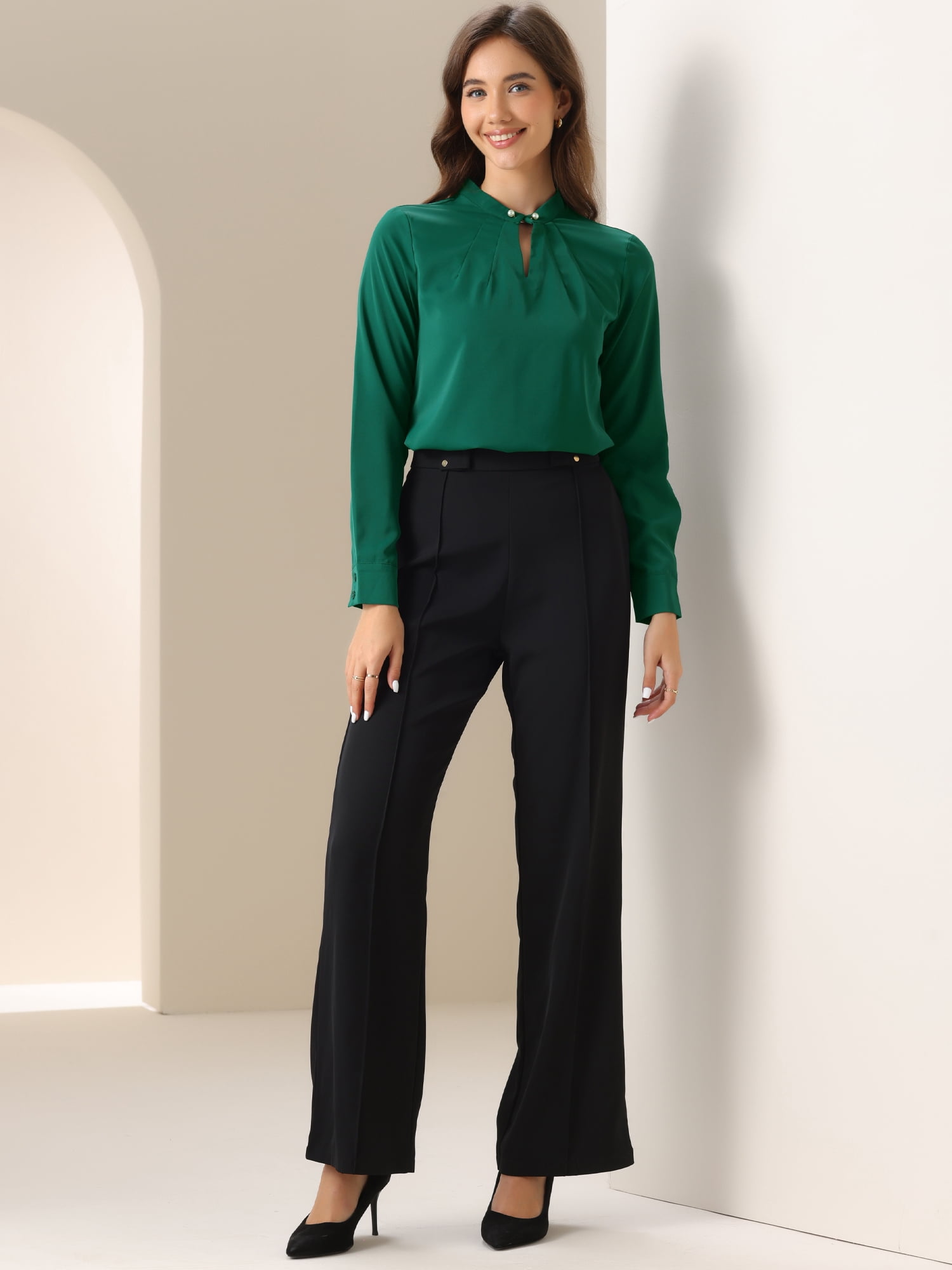 DARING DIVA Women's Pleated Mock Neck Pearl Decor Work Blouses L Dark Green